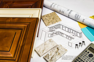 Remodeling inside of kitchen, doors, cabinets, countertops, blueprints and design